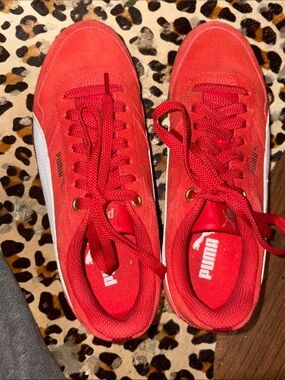 Puma Red Suede Lace-Up Sneakers with White Formstrip